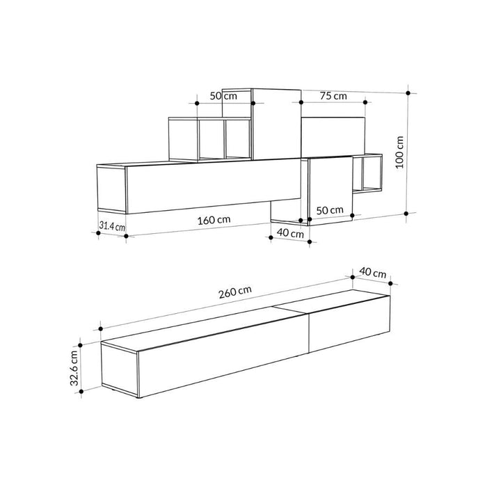 Parete Attrezzata Soggiorno 260 cm in MDF Tromen Bianco