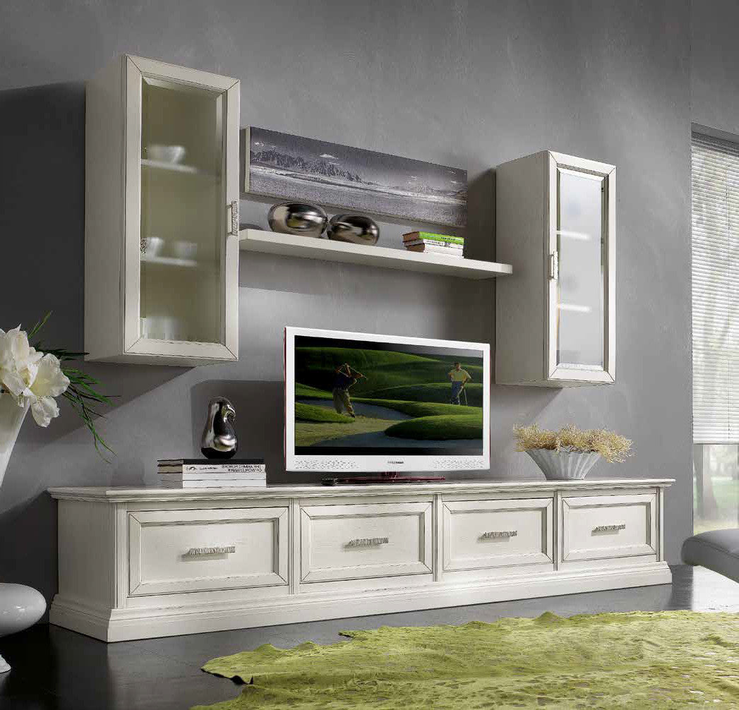 Parete attrezzata porta tv in legno shabby bianco l.245