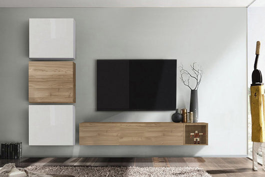 Soggiorno Zenzero, parete attrezzata moderna di design, Bianco Laccato lucido. Rovere Stelvio e Rovere Miele, ZLCCB11-ABB