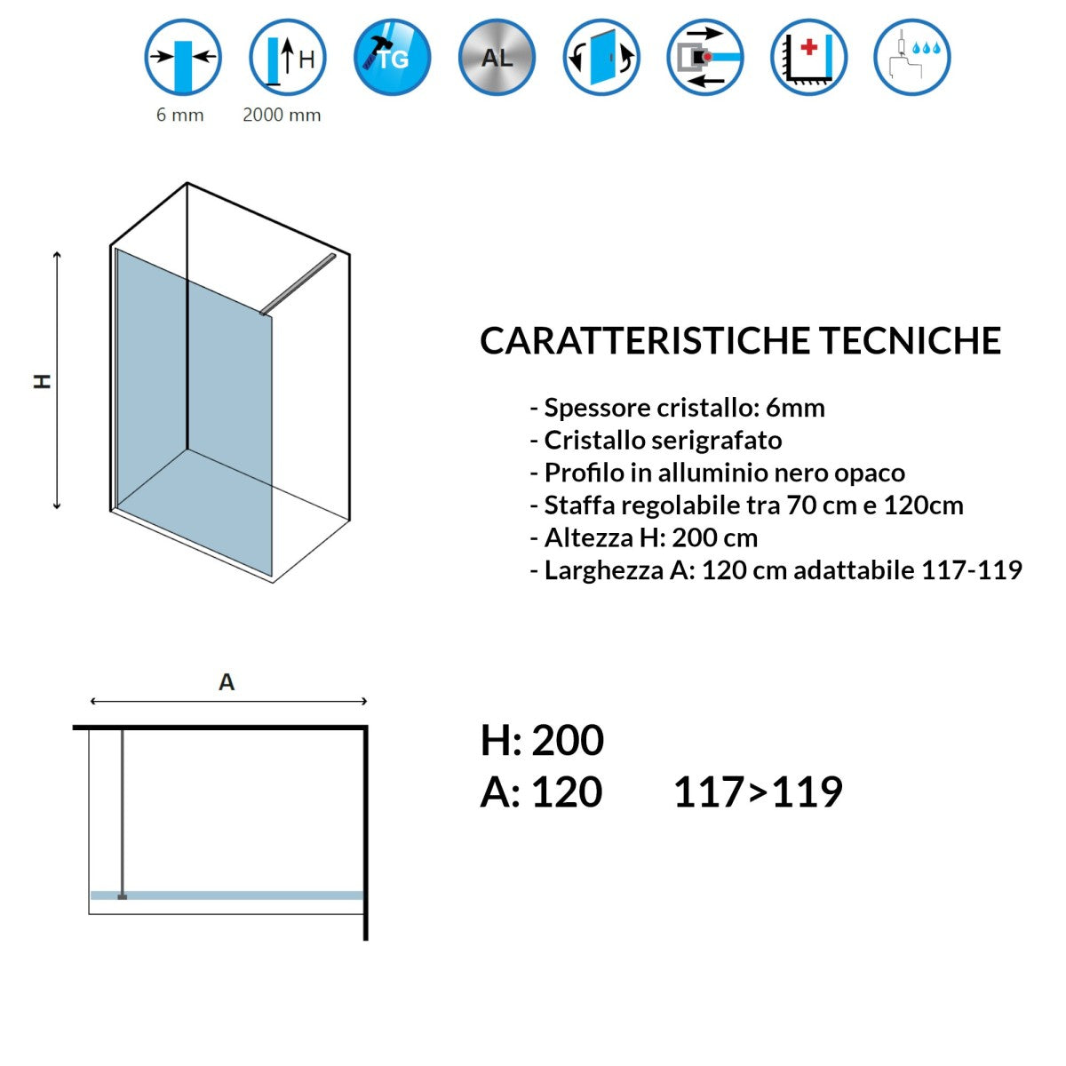 Parete doccia walk-in cristallo serigrafato h200cm 6mm profilo nero nerofree1, misura 120