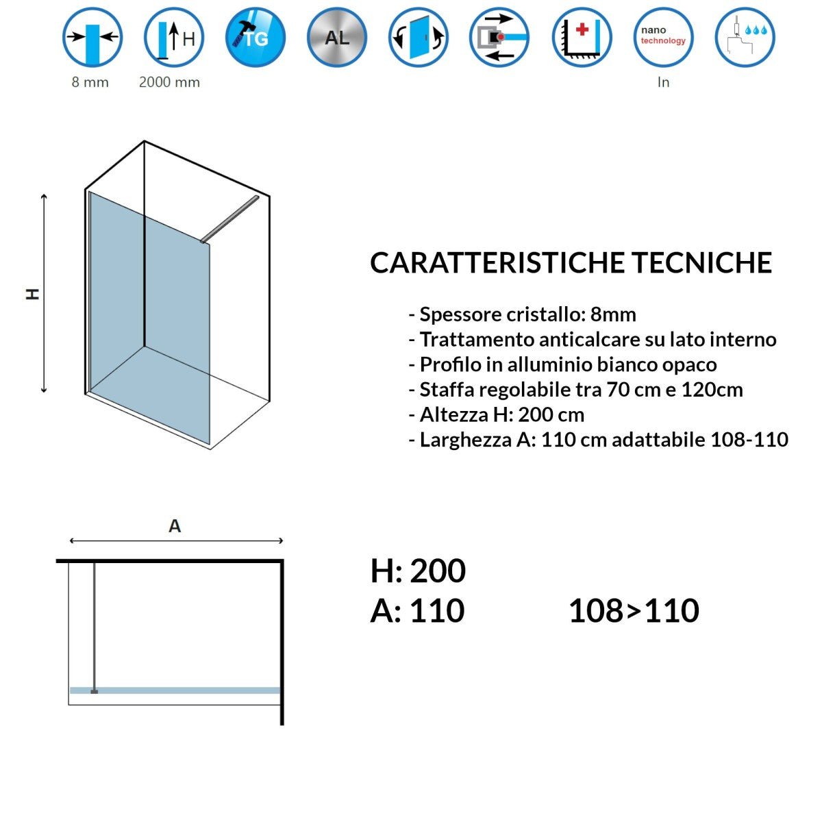 Parete doccia walk-in cristallo trasparente h200cm 8mm profilo bianco, misura 110