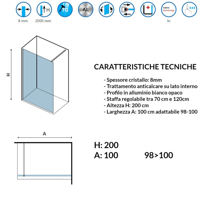 Parete doccia walk-in cristallo trasparente h200cm 8mm profilo bianco, misura 100