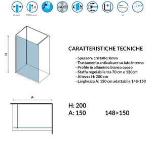 Parete doccia walk-in cristallo trasparente h200cm 8mm profilo bianco, misura 150