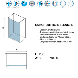 Parete doccia walk-in cristallo trasparente h200cm 8mm profilo bianco, misura 80