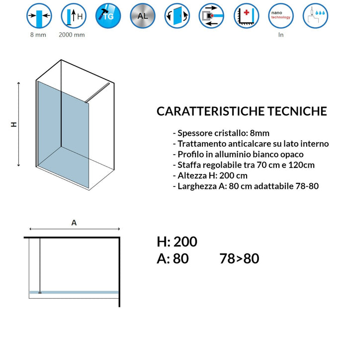 Parete doccia walk-in cristallo trasparente h200cm 8mm profilo bianco, misura 80