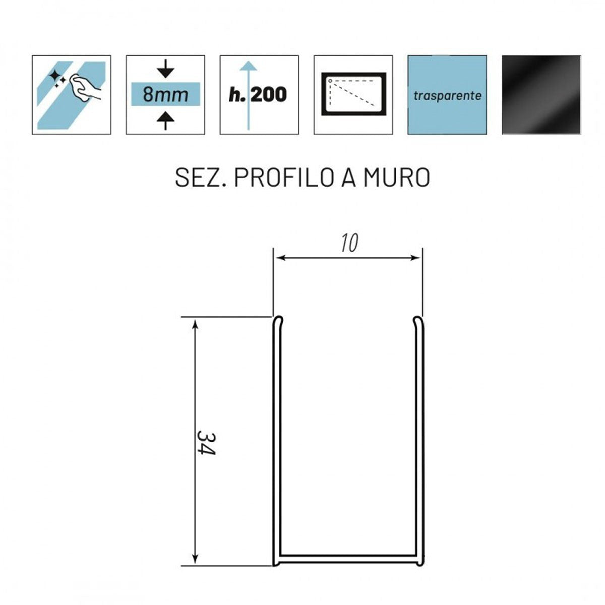 Parete doccia walkin trasparente anticalcare 8mm profili neri h200 black line, dimensioni 140cm