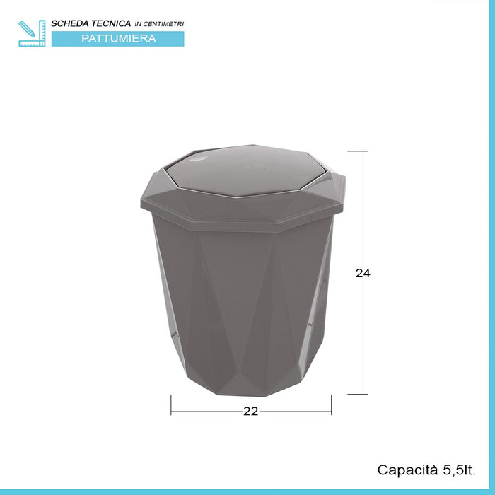 Pattumiera bagno capacitÃ  5,5 lt in plastica grigia con coperchio basculante