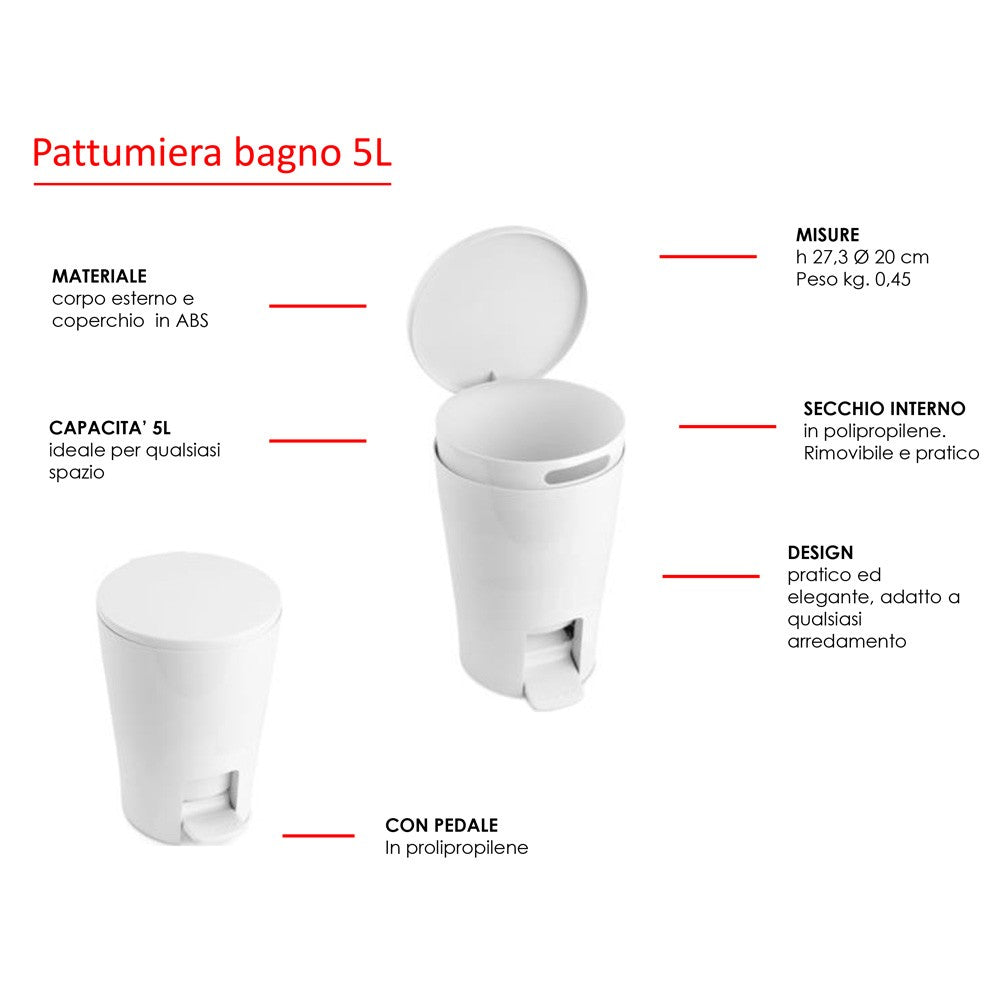 Pattumiera Gettacarte Bianca 5 litri con pedale e coperchio in ABS