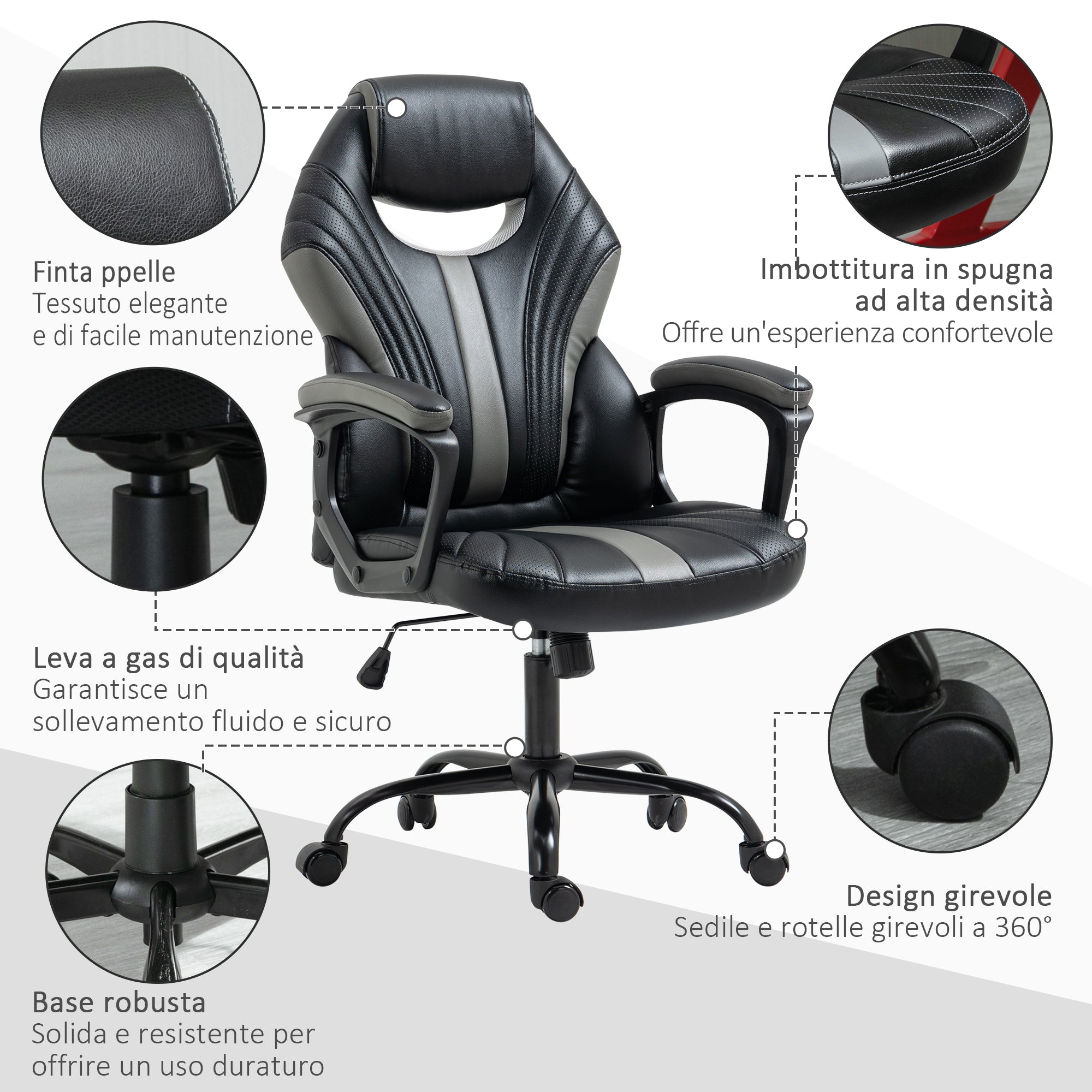 Sedia da Gaming Ergonomica 63x68x105-113cm in Similpelle Nero e Grigio