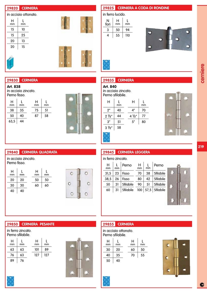 24pz cerniera con perno fisso in acciaio zincato mm 50x40x1,3 art.838 cod:ferx.48763