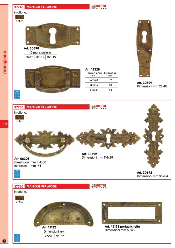 25pz maniglia antichizzata art.06305 mm.114x50 ottone antico 26054