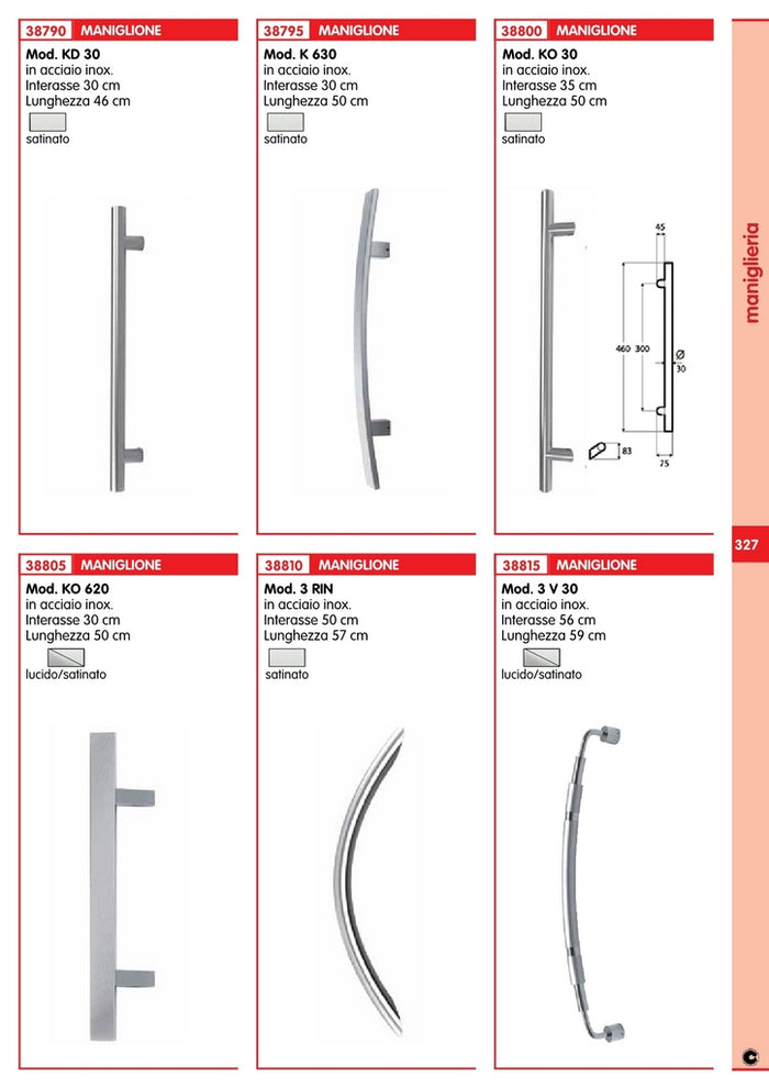 maniglione inox satinato art. k030 interasse 35cm lunghezza 50cm cod:ferx.12958.s