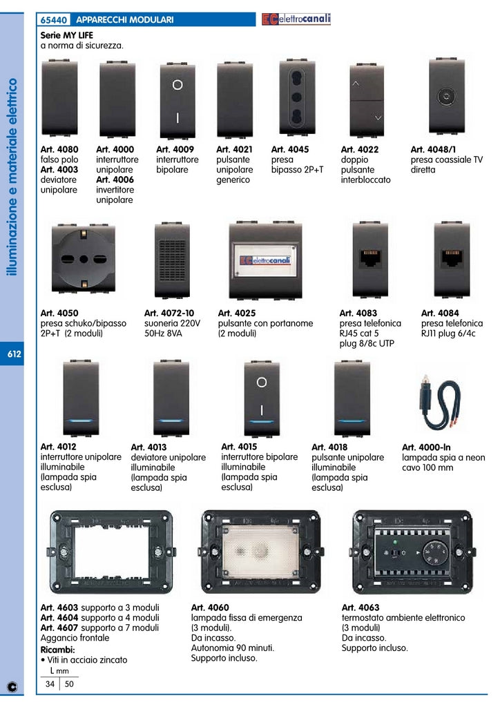 12pz life art. 4015 interruttore bipolare illuminabile nero 41647