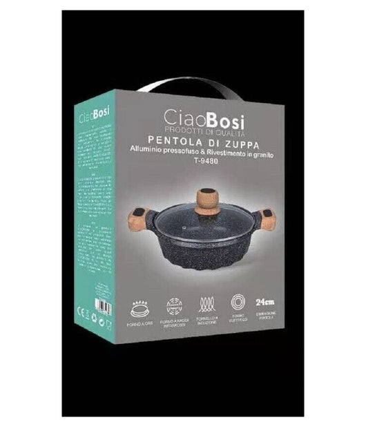 Pentola Tegame Per Zuppa Rivestito Granito Con Coperchio Fondo Basso 24cm T-9480         