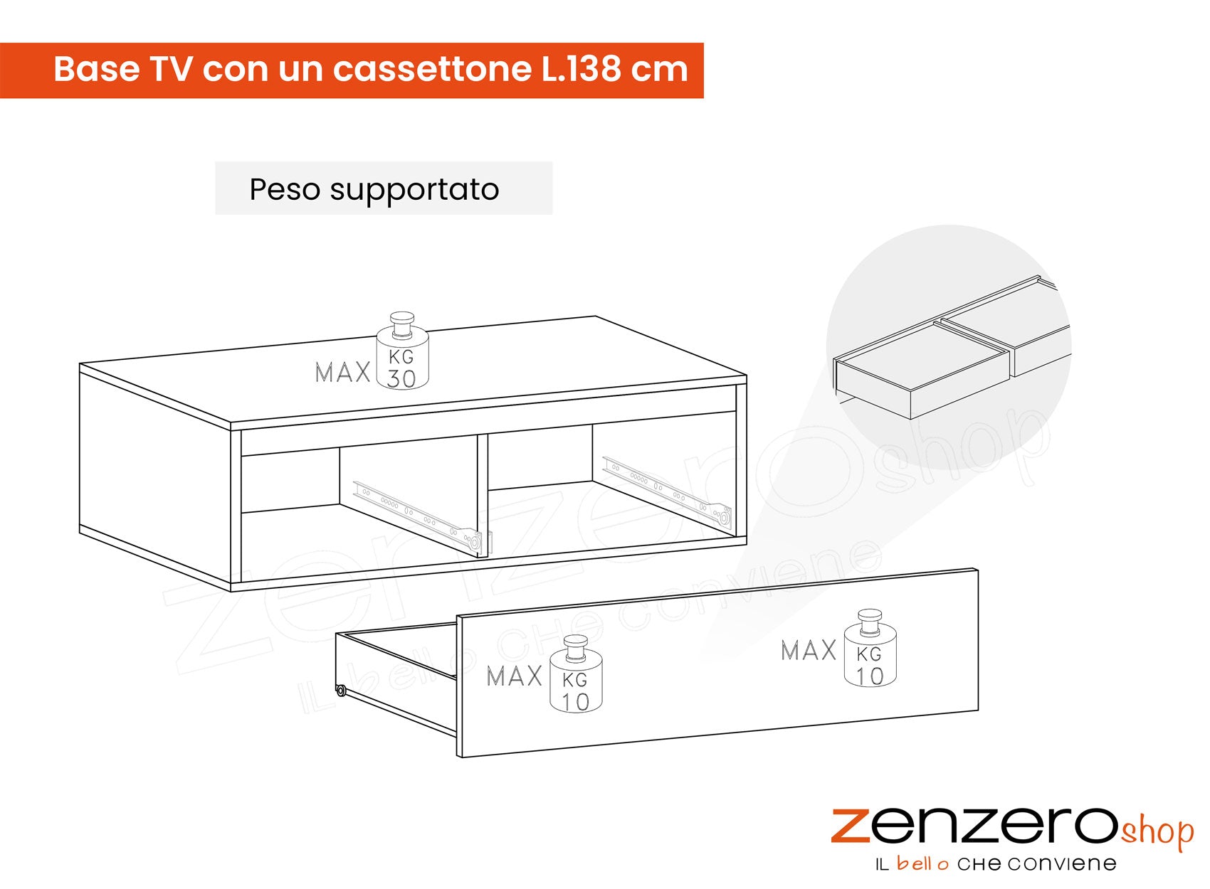 Base TV con un cassettone L.138 cm, finitura Piombo, ZLCINFNPENEW48