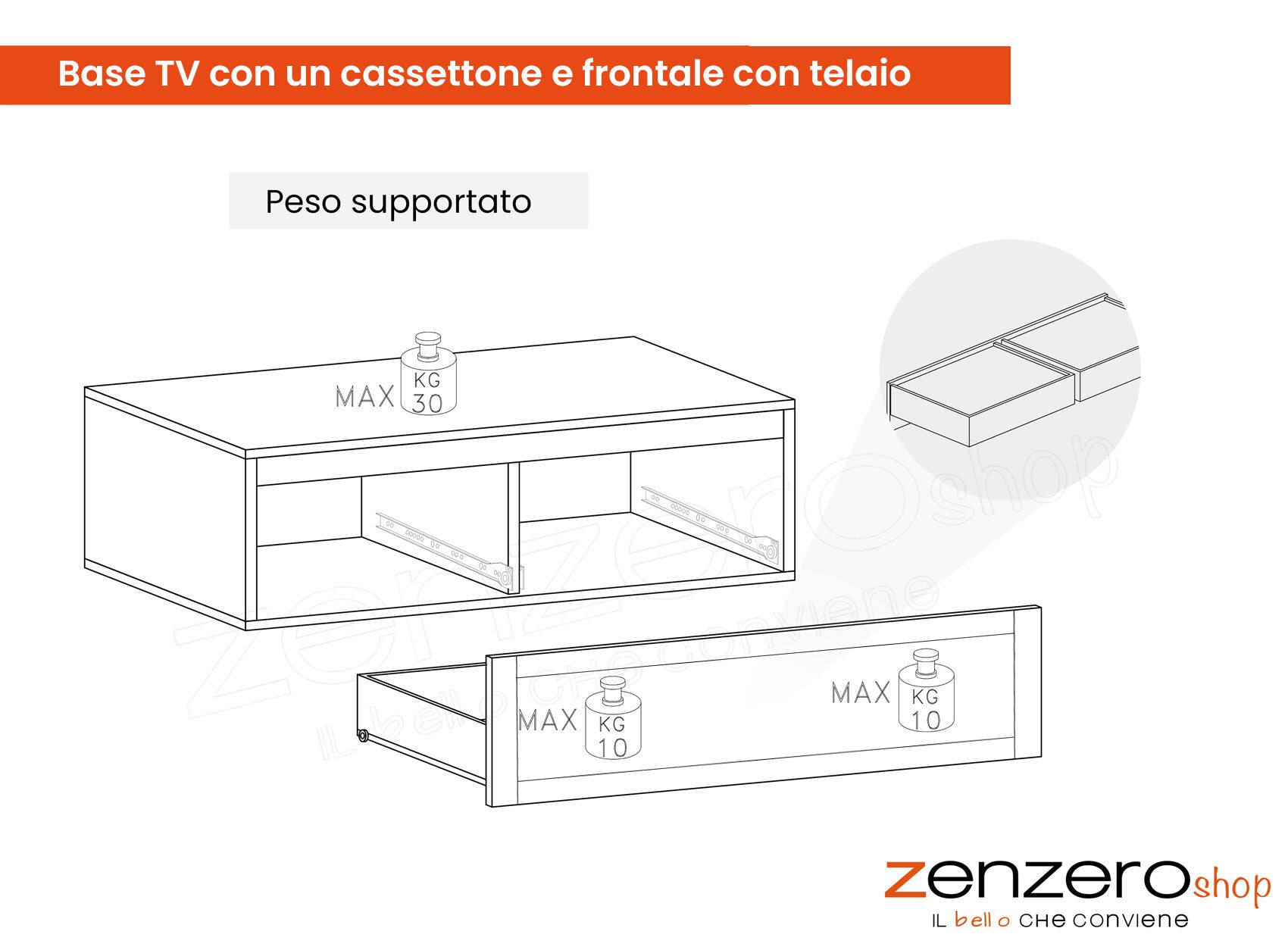 Base TV con un cassettone e frontale con telaio, finitura Mercure, ZLCINFNPENEW50