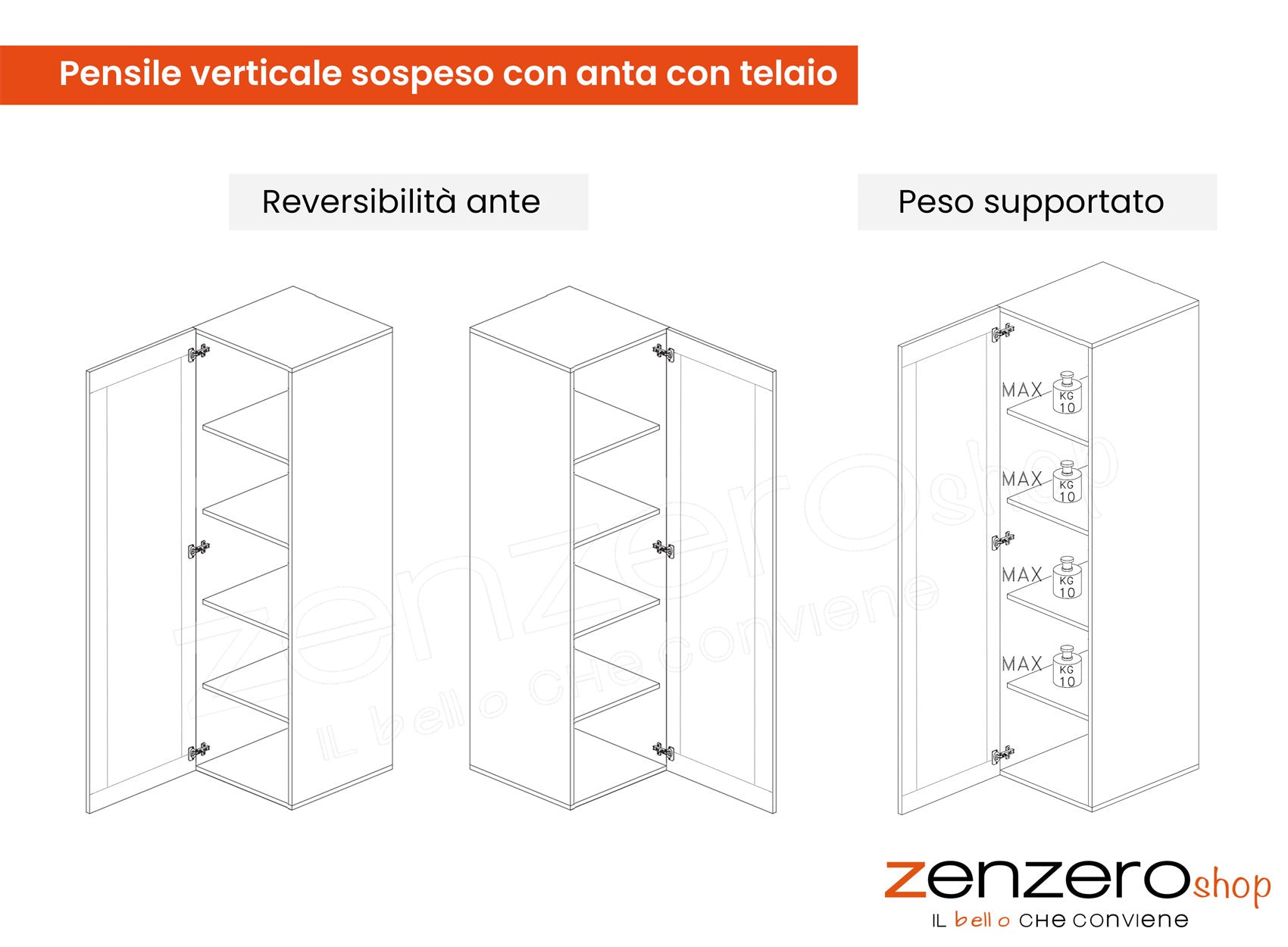 Pensile verticale sospeso con un'anta e frontale con telaio, finitura Mercure, ZLCINFNPENEW160