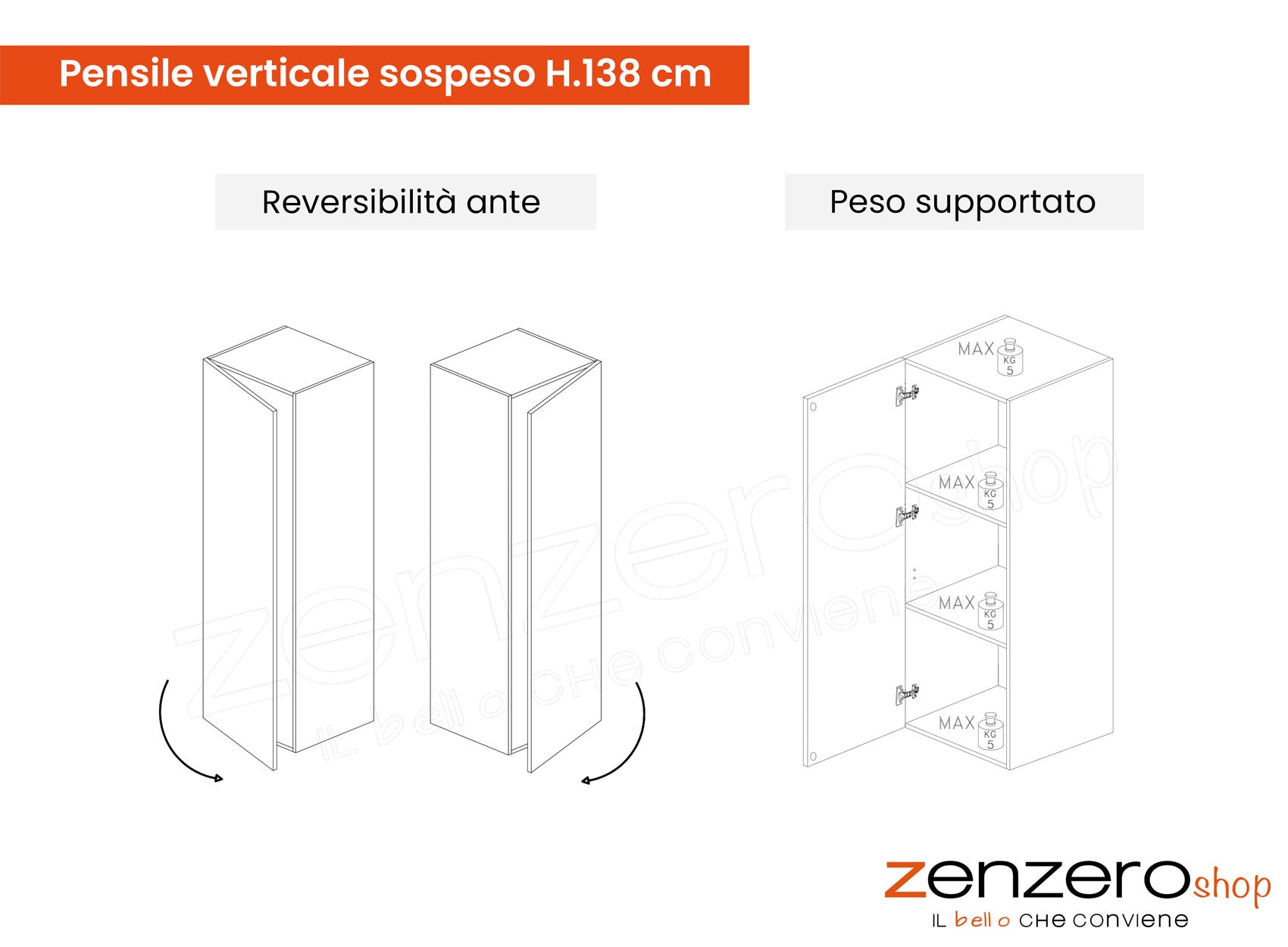 Pensile verticale sospeso, finitura Gesso, Made in Italy, ZLCINFNPENEW25