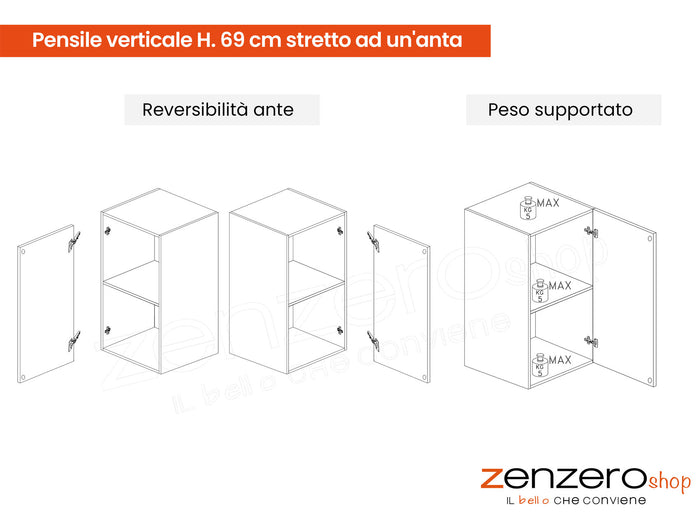 Pensile verticale L.29 cm stretto ad un'anta, finitura Ardesia, Made in Italy, ZLCINFNPENEW134