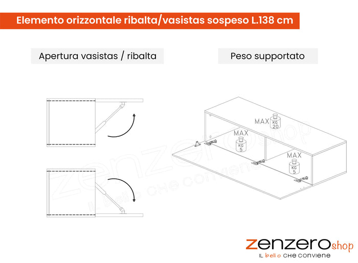 Elemento orizzontale ribalta/vasistas sospeso, finitura Lava, ZLCINFNPENEW16