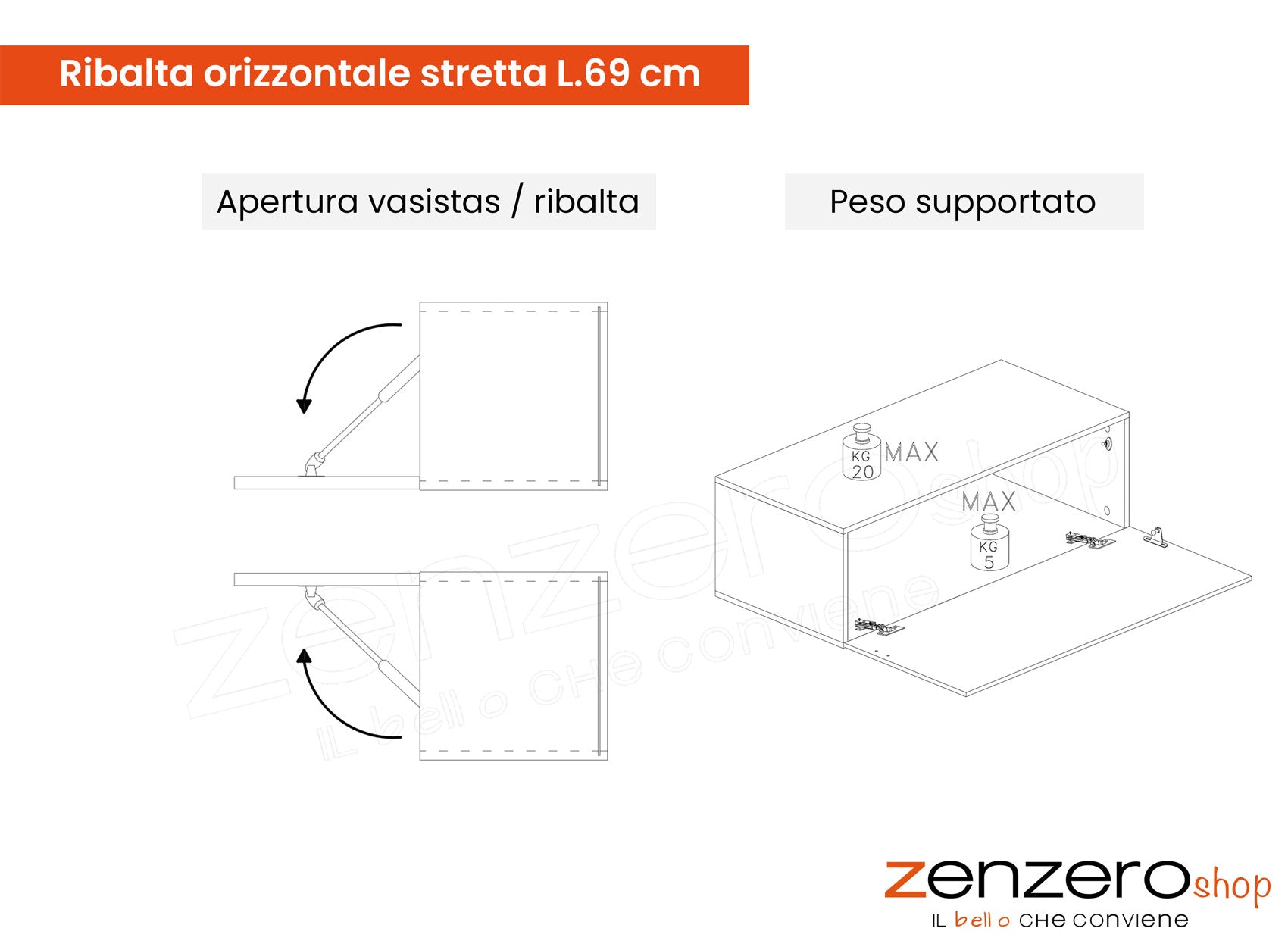 Pensile orizzontale stretto L.69 cm ad un'anta, finitura Mercure, Made in Italy, ZLCINFNPENEW140