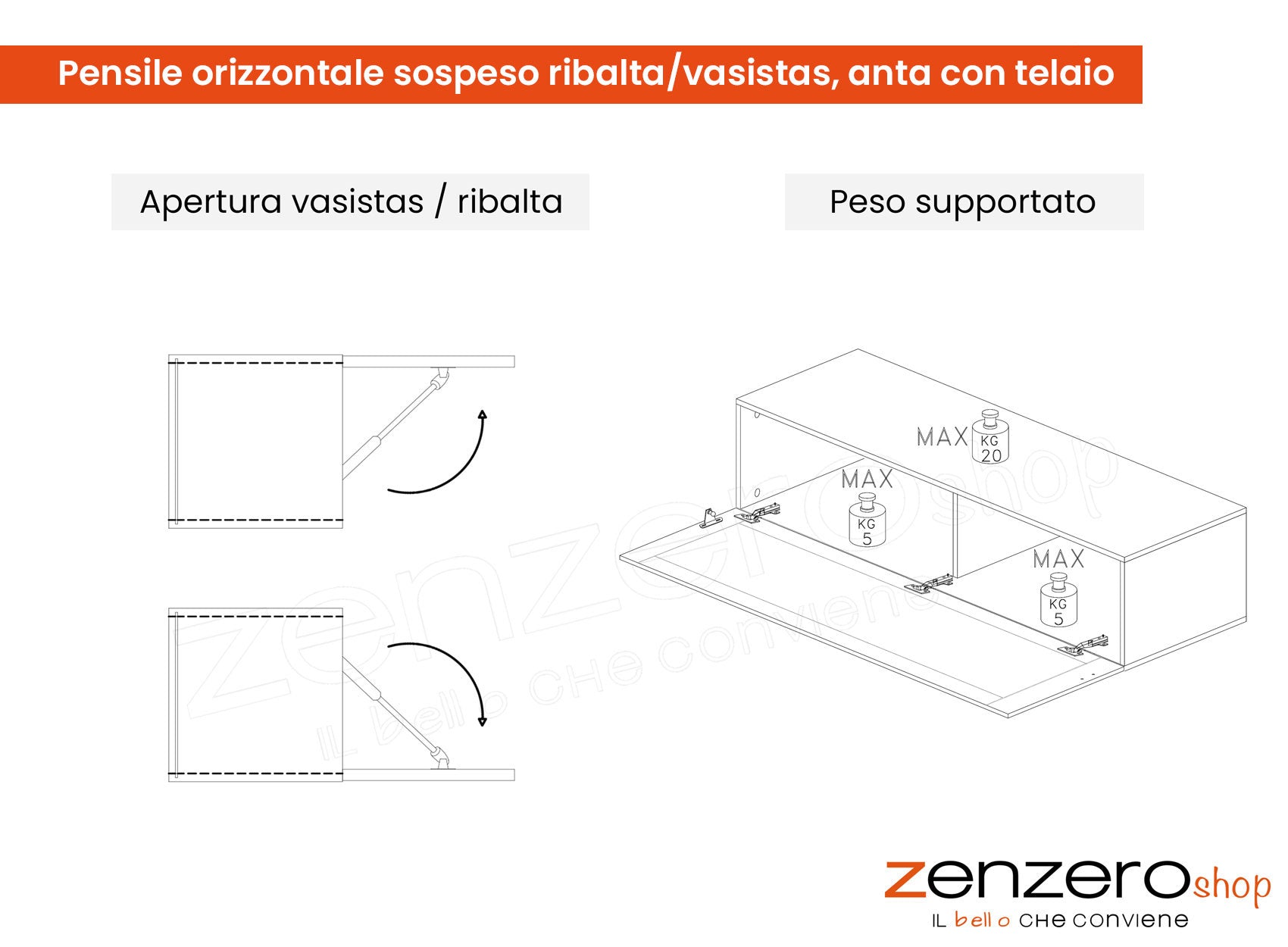 Conveniente Pensile orizzontale sospeso ribalta/vasistas, frontale con telaio, finitura Mercure, ZLCINFNPENEW170