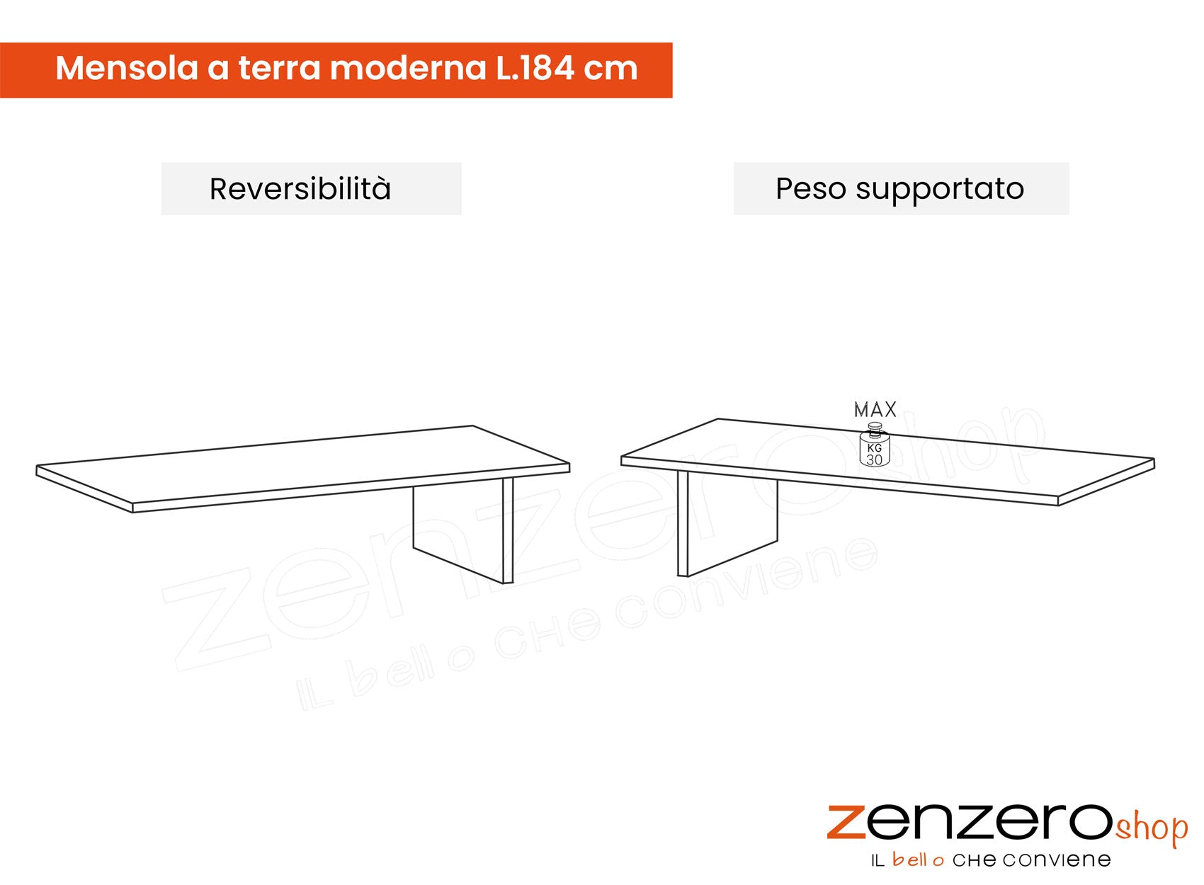 Mensola a terra moderna Lava L.184 cm, Made in Italy, ZLCINFNPENEW126