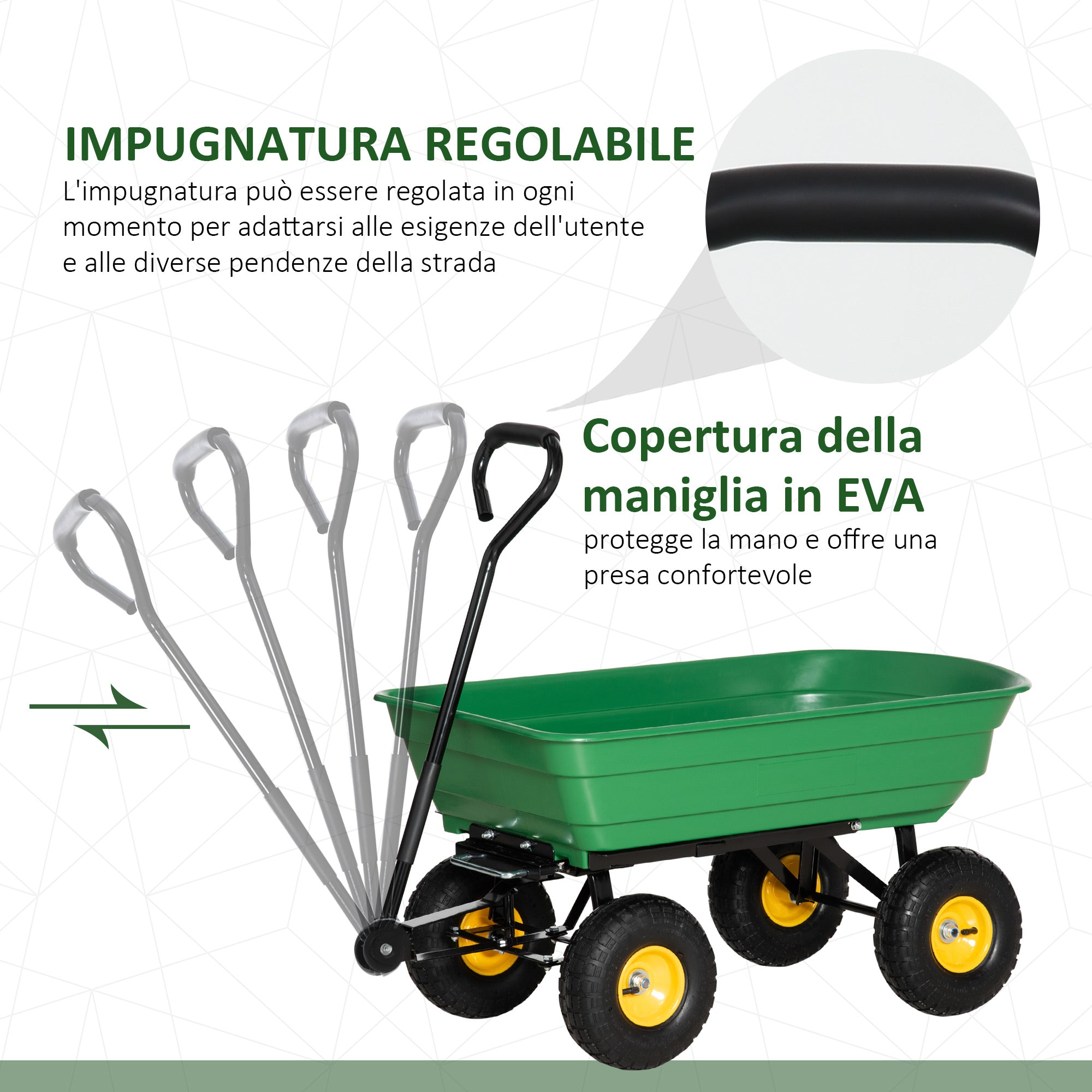 Carrello da Giardino Ribaltabile 4 Ruote 109x52x94 cm 75 Litri Verde