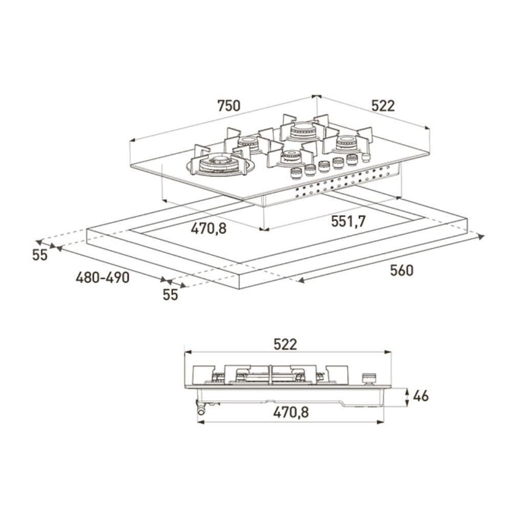 Piano cottura da 75 5 fuochi gas inox GIGA7235250X Grundig