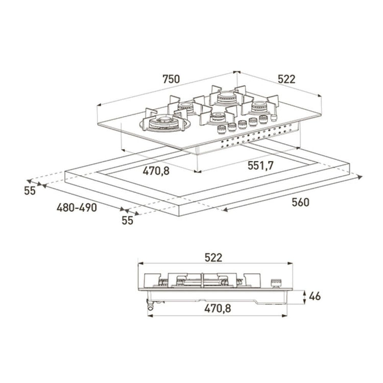 Piano cottura da 75 5 fuochi gas inox GIGA7235250X Grundig