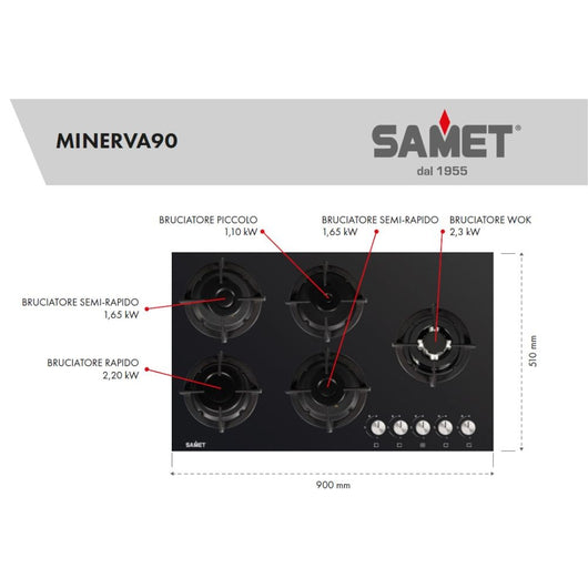 Piano cottura in vetro 5 fuochi Minerva90 Samet colore nero