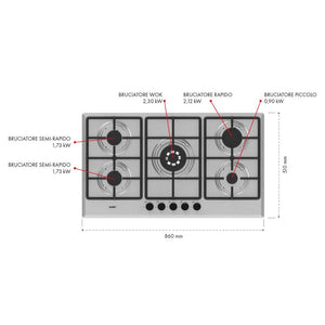 Piano cottura inox 5 fuochi Apollo 90 Samet