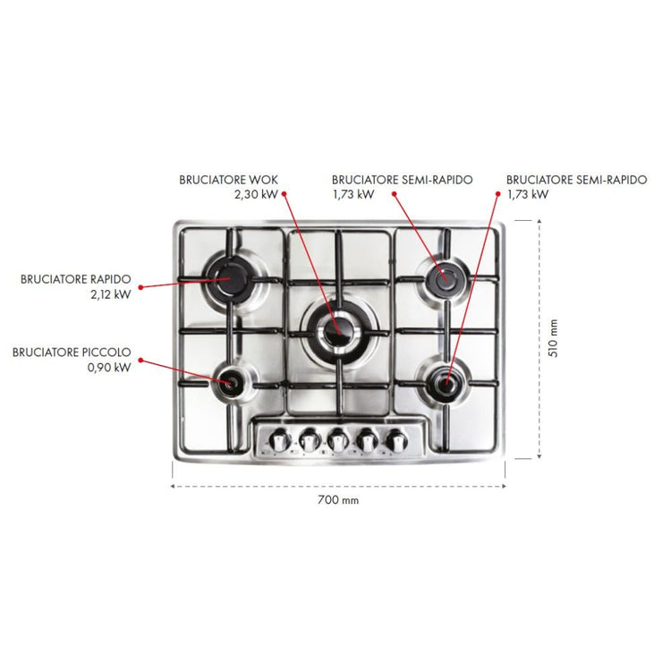 Piano cottura inox 5 fuochi Maciste70 Samet