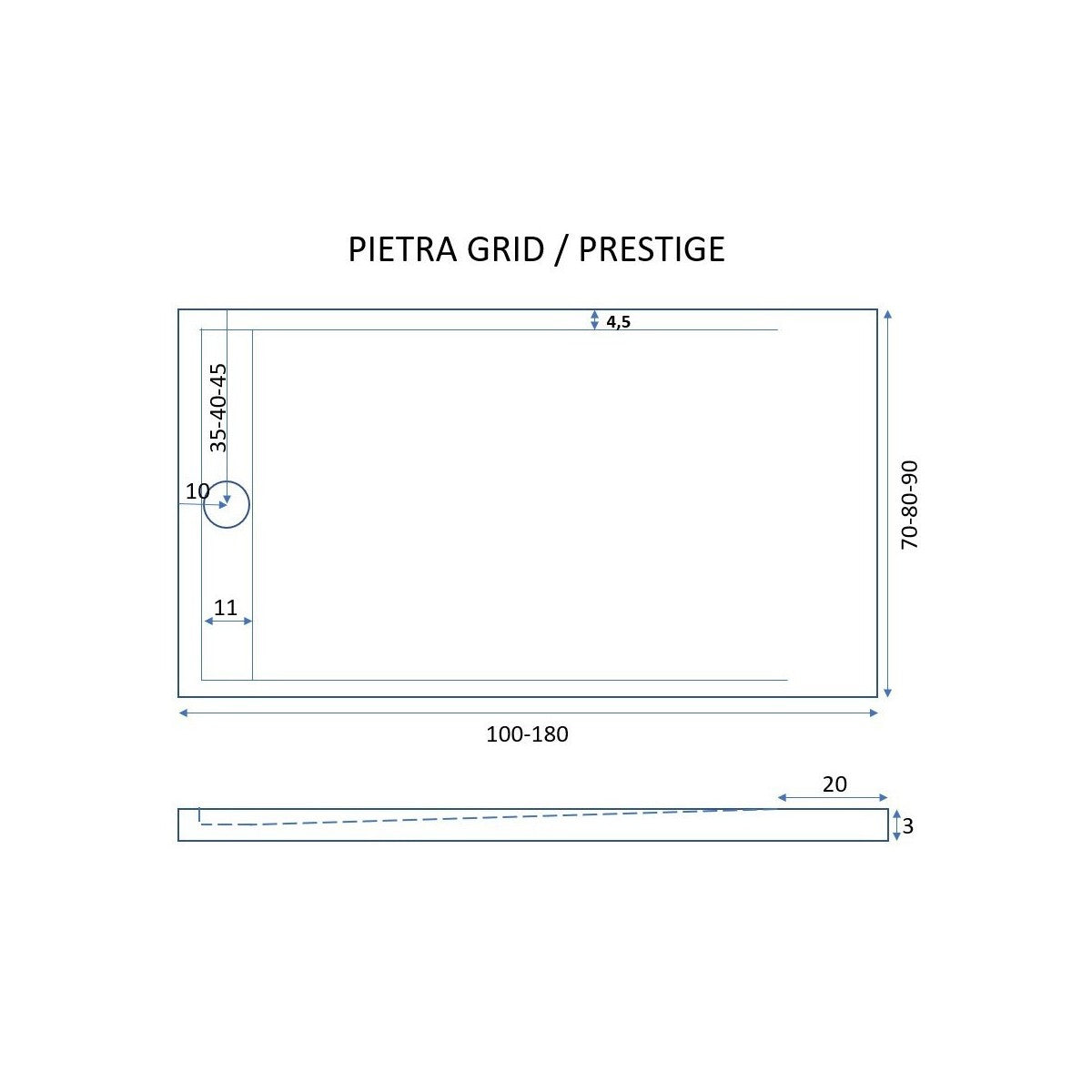 Piatto doccia in marmo resina grigio scuro pietra cemento grid, misura 90x150