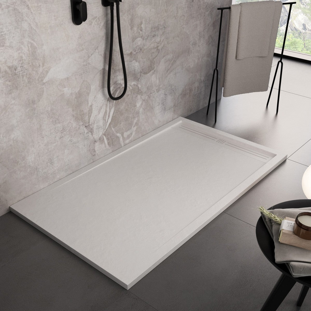 Piatto doccia in marmo resina bianco pietra cemento grid, misura 70x150