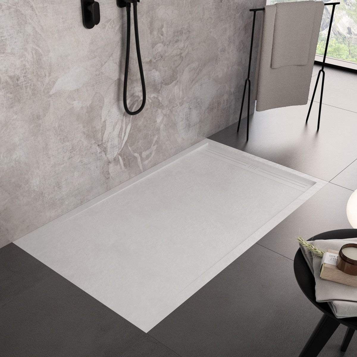Piatto doccia in marmo resina bianco pietra cemento grid, misura 80x130