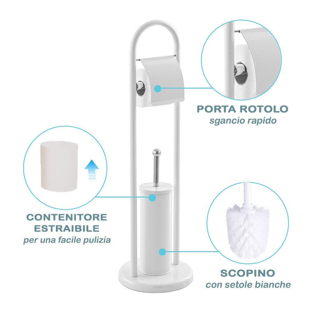 Piantana Porta Rotolo E Porta Scopino H 83 Cm In Acciaio Bianco Moderna