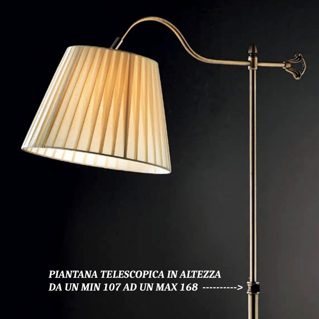 Piantana classica illuminando bridge te led lampada terra snodabile metallo brunito paralume stoffa pieghe interni e27