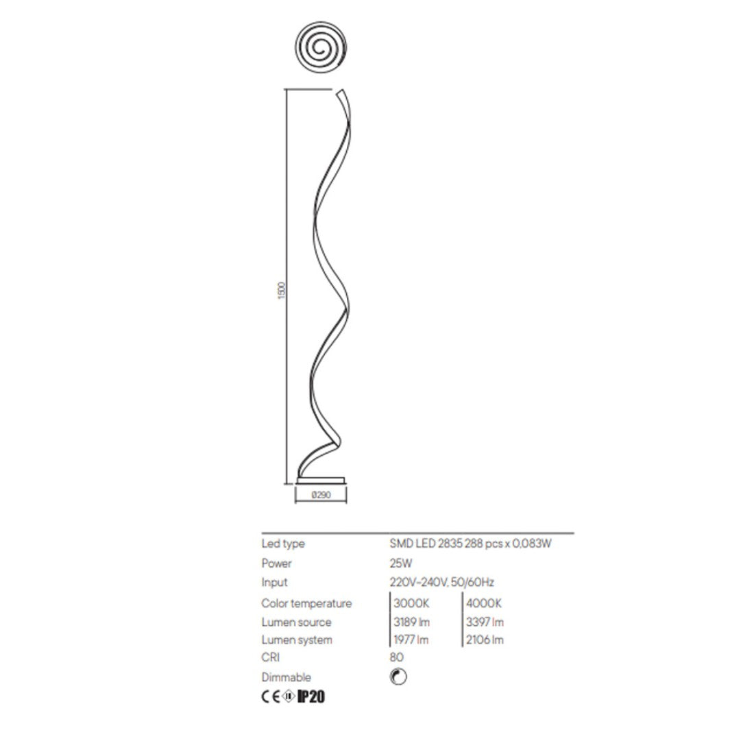 Piantana classica redo group torsion 01 1798 01 1897 led lampada terra dimmerabile, tonalità luce 3000°k (luce calda)