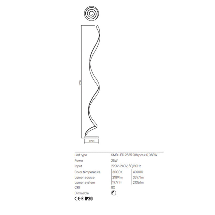 Piantana classica redo group torsion 01 1798 01 1897 led lampada terra dimmerabile, tonalità luce 3000°k (luce calda)