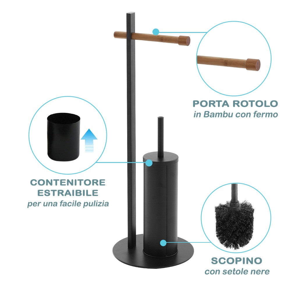 Piantana Portascopino e Portarotolo Nera  e Legno di Bambu