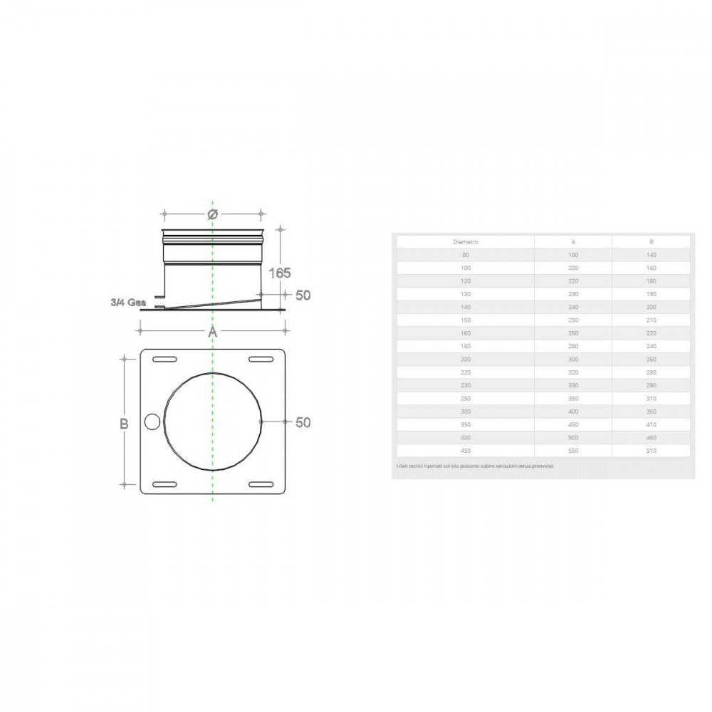 Piastra di base inox aisi 304 per tubo da 100mm con spurgo