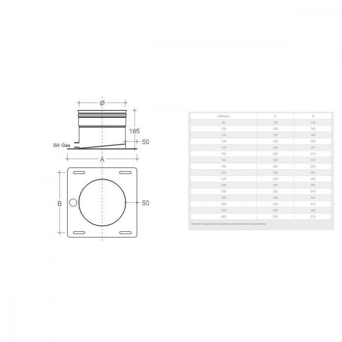 Piastra di base inox aisi 304 per tubo da 200mm con spurgo