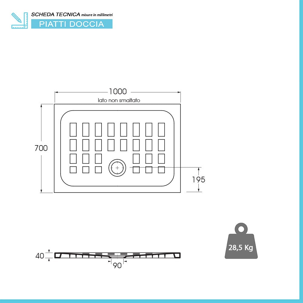 Piatto doccia 70x100 H 4 rettangolare in ceramica bianca con antiscivolo Cube