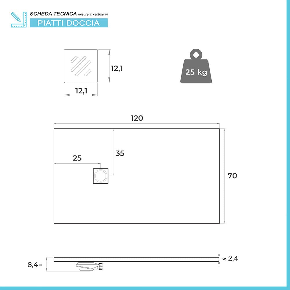 Piatto doccia 70x120 in marmoresina beige Arena completo di kit scarico