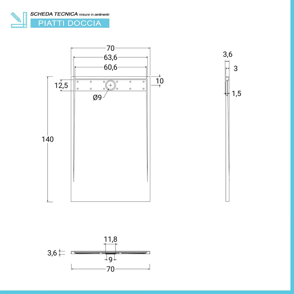 Piatto doccia 70x140 bianco pietra in resina riducibile con canalina Argo