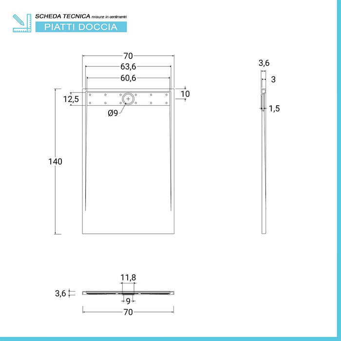 Piatto doccia 70x140 bianco pietra in resina riducibile con canalina Argo