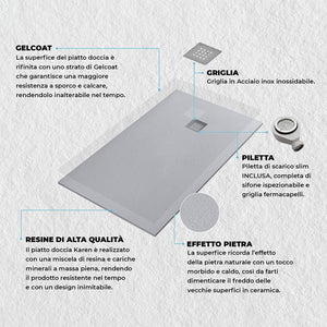 Piatto doccia 70x90 Karen in resina riducibile effetto pietra grigio