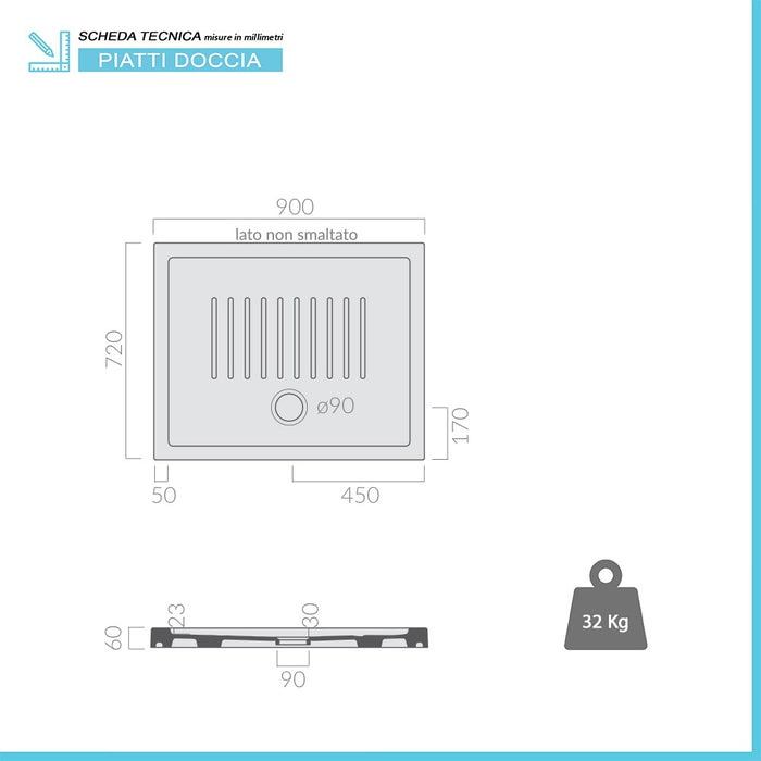 Piatto doccia 72x90 H 6 rettangolare in ceramica bianca con antiscivolo