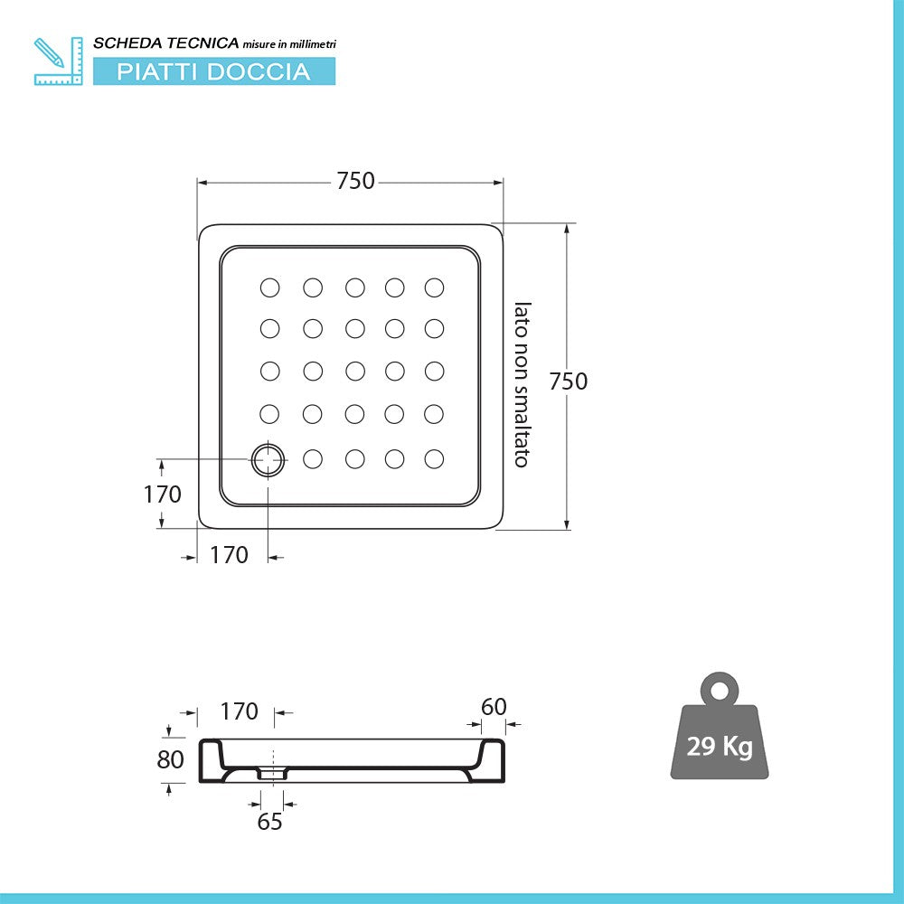 Piatto doccia 75x75 H 8 quadrato in ceramica bianca con antiscivolo Holy